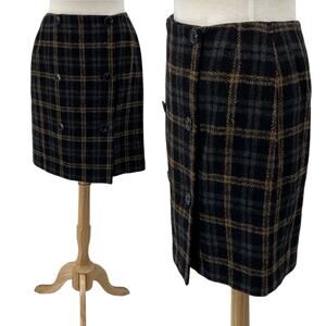 White + Warren Plaid Mini Skirt Wool Double Front Button Black Gray Tan Womens M